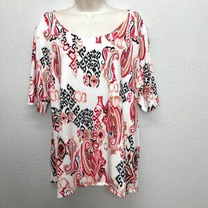 Chicos Top Size 3 Black Red Orange Paisley Print Short Sleeve Scoop Neck Stretch
